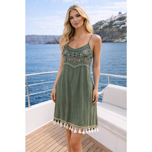 Spense Embroidered Knee Length Sundress Tassel Hem Boho Coastal Vaca Old Money S